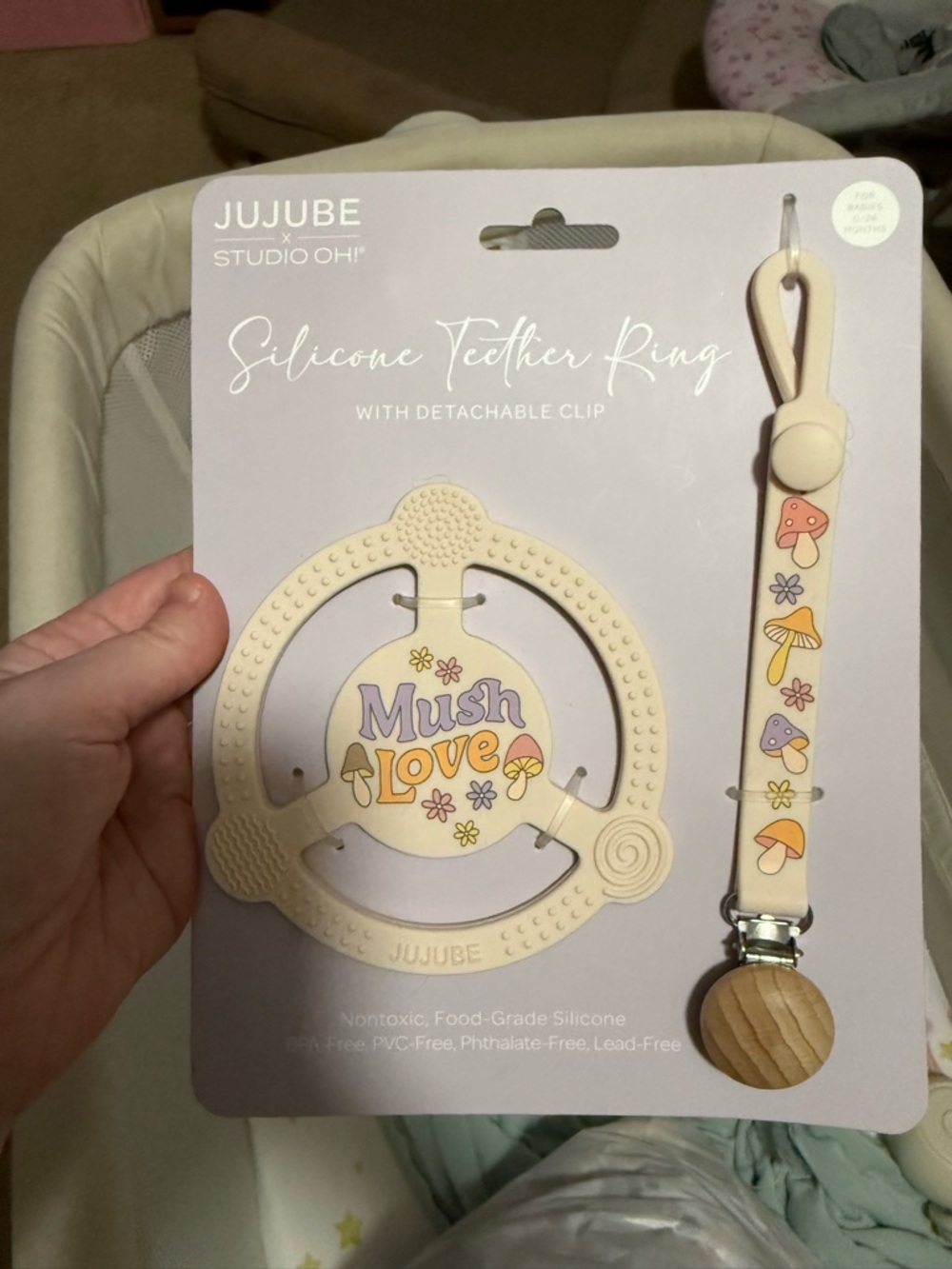 Ju-Ju-Be Cream Silicone Teether Ring with Mushroom Clip